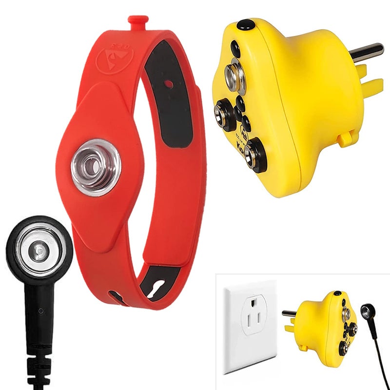 KooMall 2 in 1, Anti-Allergic ESD Wrist Straps (Red) & Grounding Plug, Easy to Ground by Outlet Socket for Static Control, Anti Static Silicon Bracelet Wristband Earth Bonding Plug for Rubber Mat - Image 1